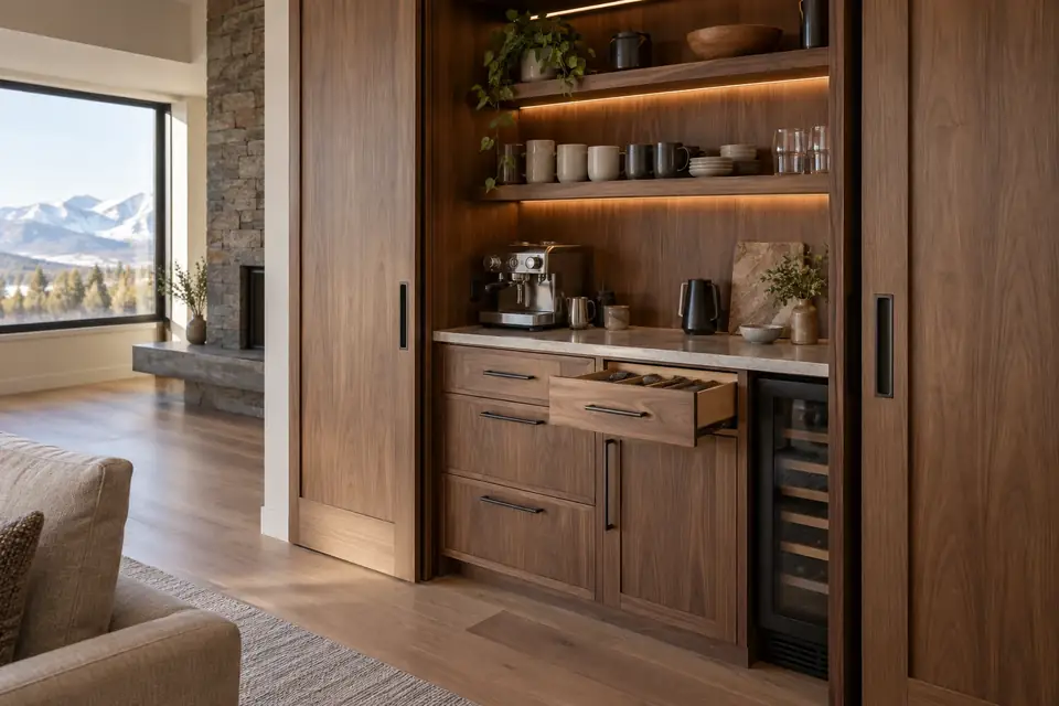 Compact coffee and dry bar in a living room alcove with pocket doors partly open
