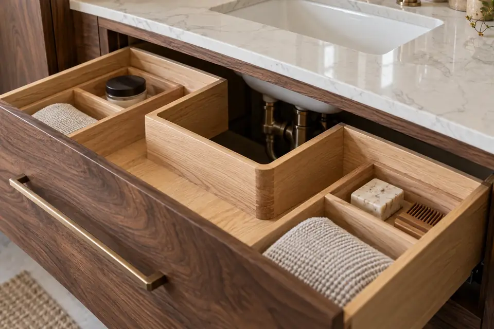 Vanity drawer open with a U-shaped cutout around sink plumbing and organiser trays