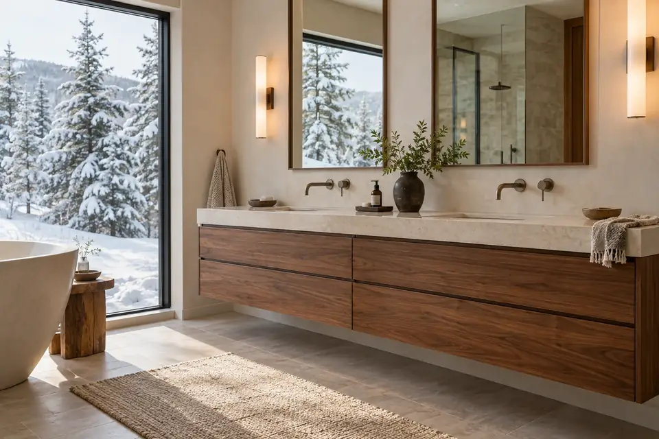 Primary bathroom with floating walnut double vanity, limestone top and snowy evergreens outside