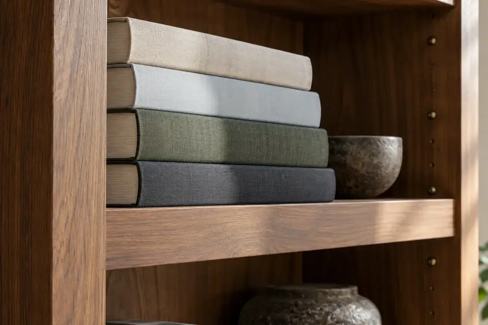 Thick-edged bookshelf holding a heavy stack of books without sag