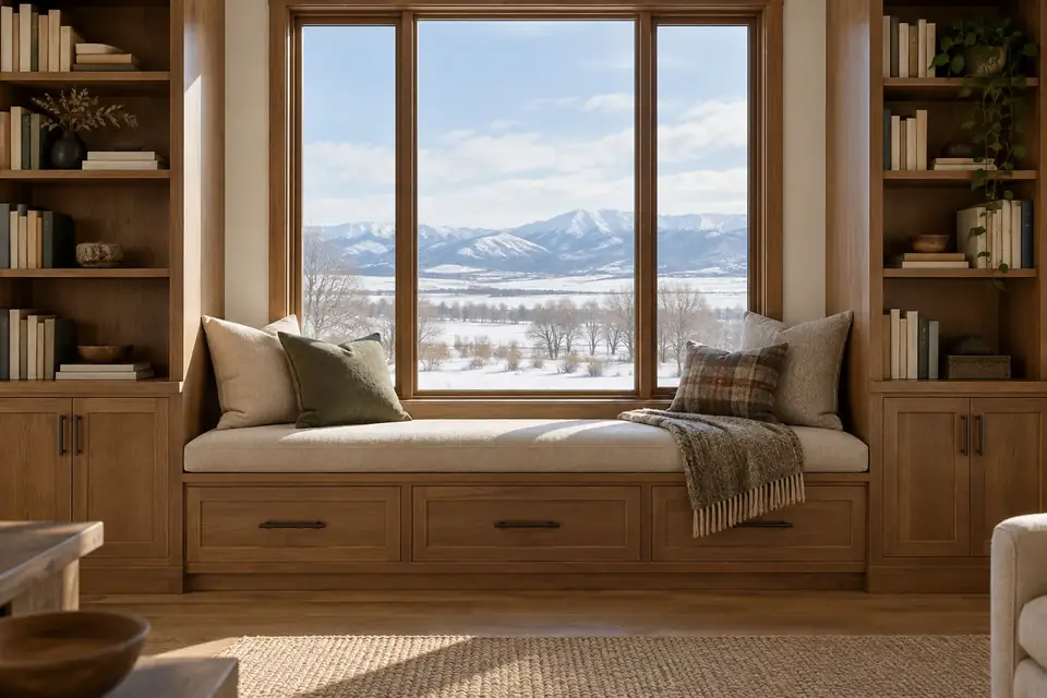 Window seat flanked by built-in bookshelves with drawers under the seat