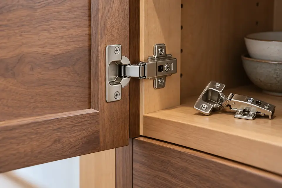 Open cabinet door showing a new concealed soft-close hinge and mounting plate