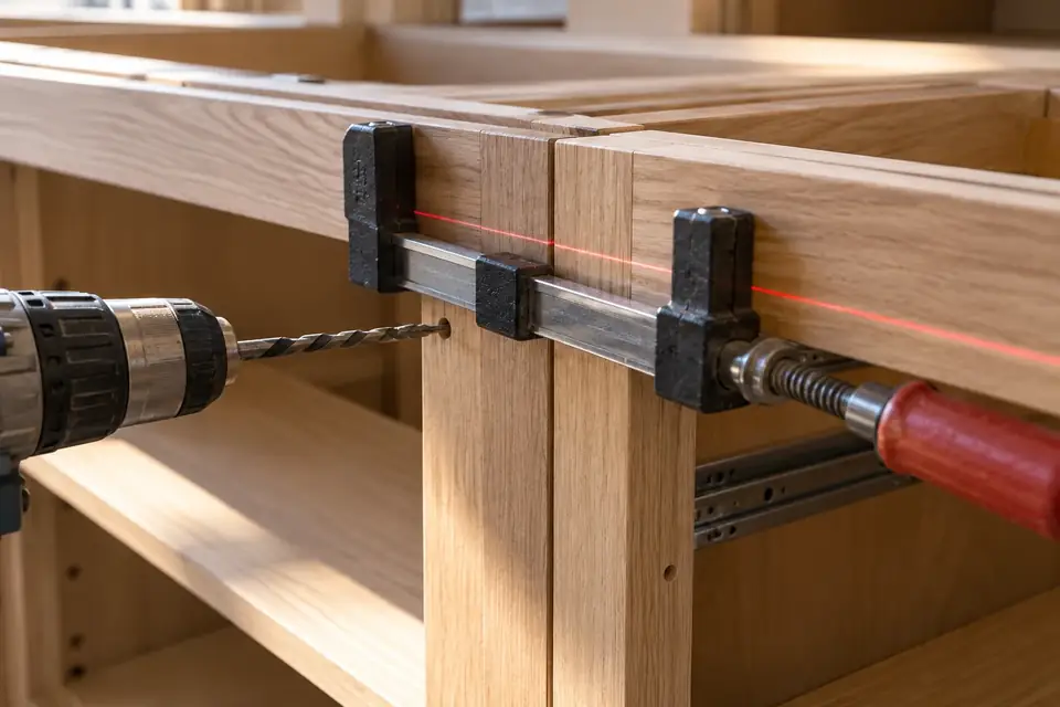 Two cabinet face frames clamped flush with a laser line crossing them