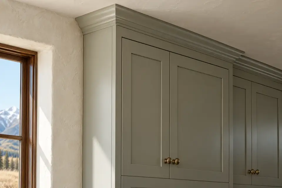 Painted cabinet run meeting an uneven plaster wall with a hand-scribed filler and tight crown