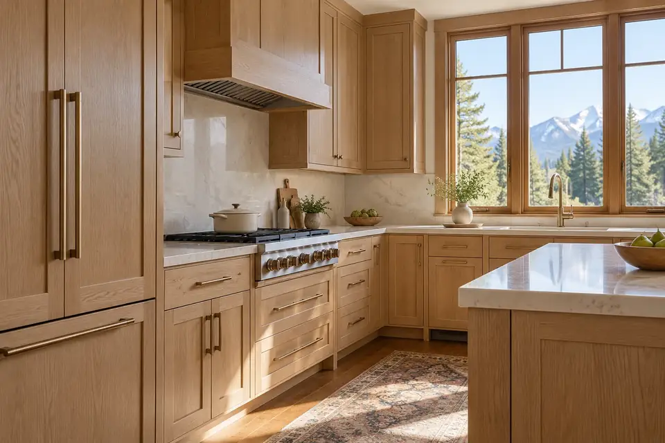 Completed refaced kitchen with white oak shaker doors, drawer fronts and new hardware