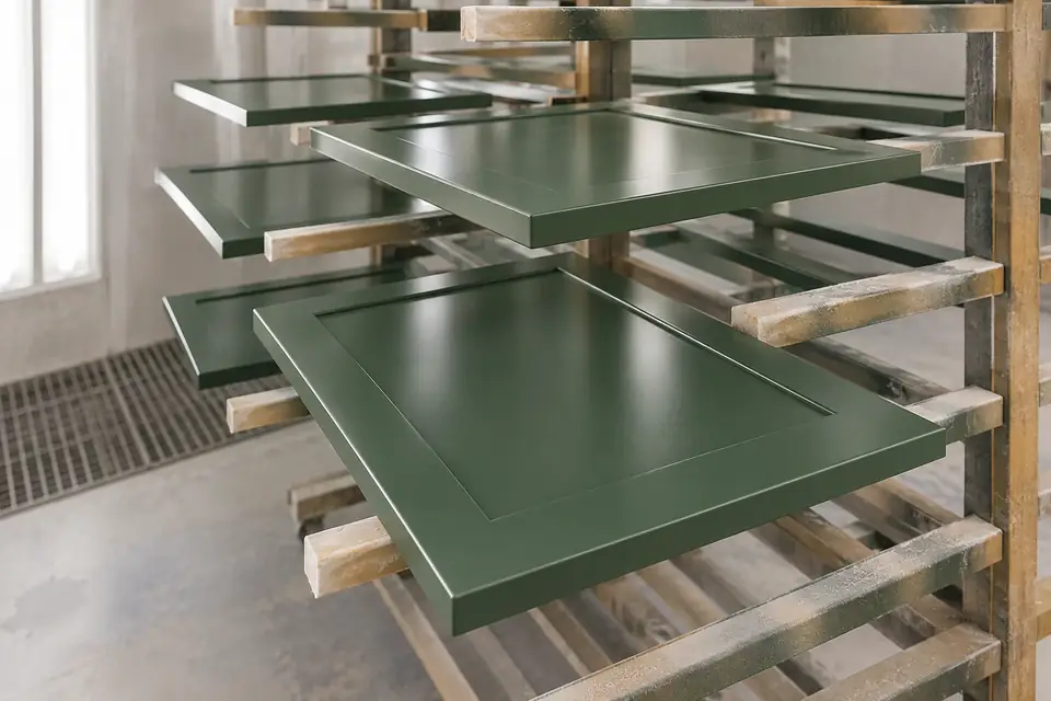 Cabinet doors drying on a rack with a smooth semi-gloss deep green finish
