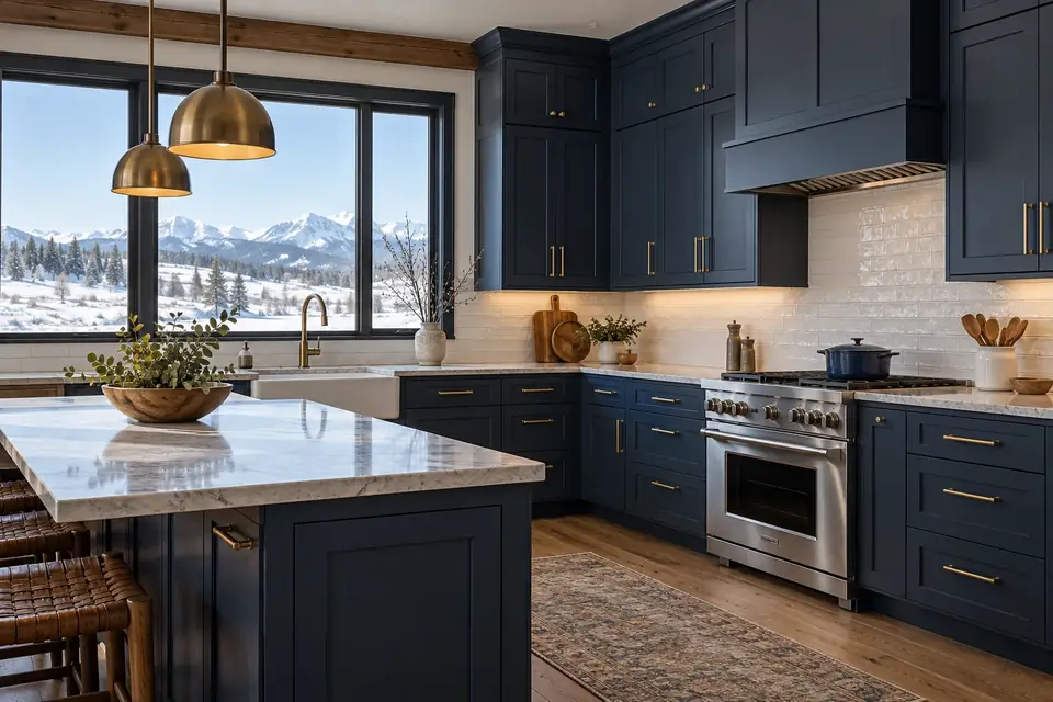 Kitchen after refinishing with navy painted cabinets and brass hardware