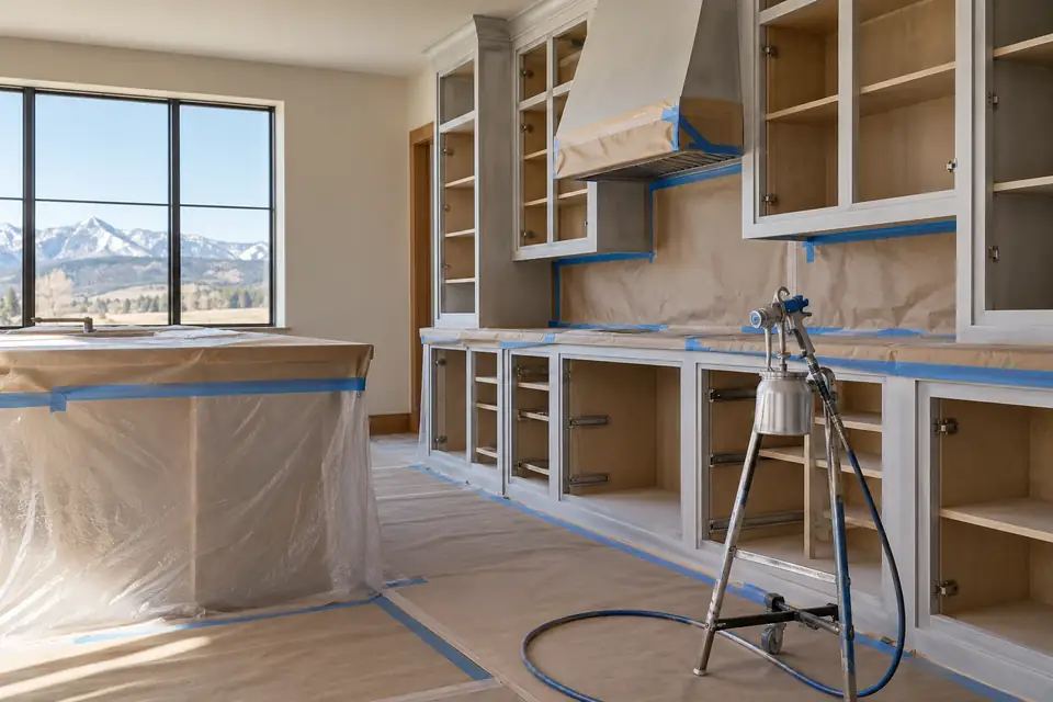 Kitchen masked for refinishing with doors removed, primed grey boxes and a spray gun on a stand