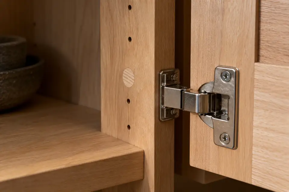 Cabinet side with a stripped hinge hole repaired with a hardwood dowel plug