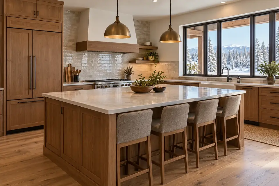 Completed replacement kitchen with a larger island and new cabinets