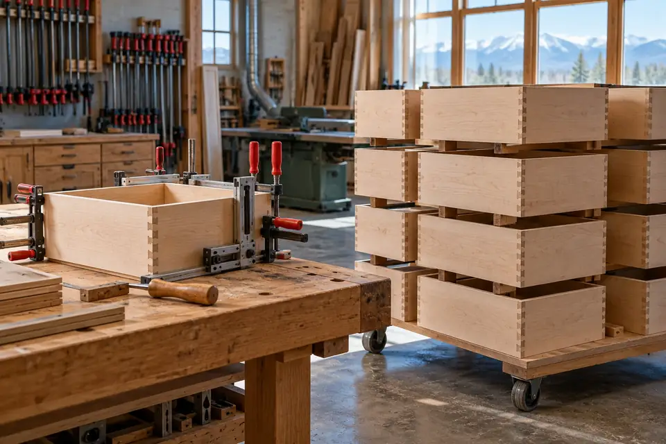 Rows of dovetailed maple drawer boxes stacked on a cart in a cabinet shop