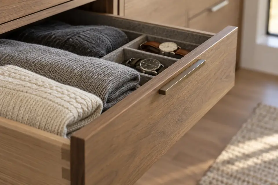 Felt-lined closet drawer holding folded knitwear and watches