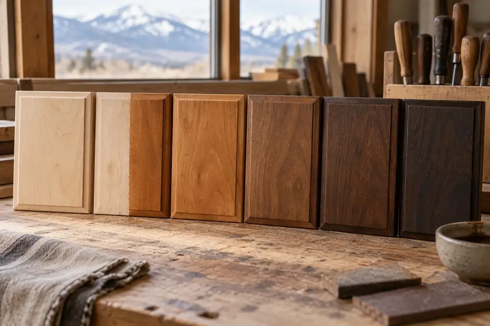 Row of alder stain sample panels from pale to dark with one half-sanded