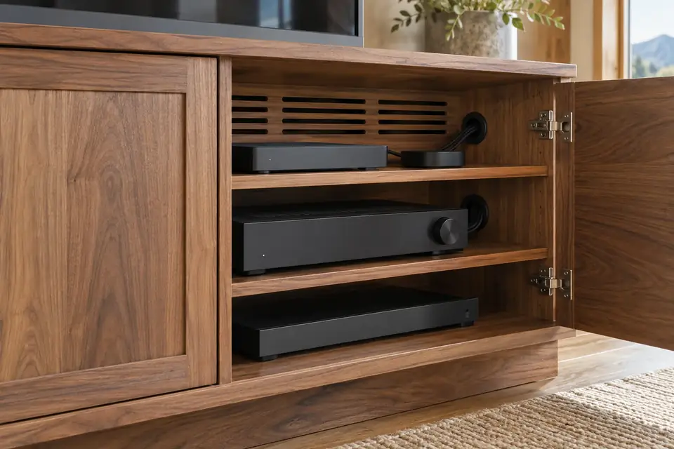 Media cabinet door open showing ventilated back and organised electronics