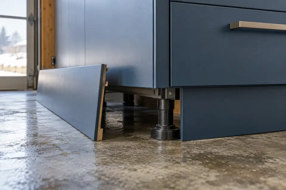 Garage base cabinet on adjustable legs behind a removable kick plate above a concrete floor