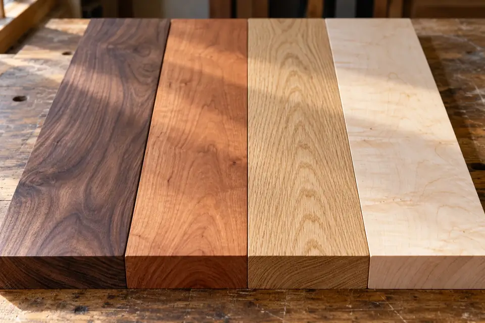 Four hardwood boards side by side: walnut, cherry, white oak and hard maple