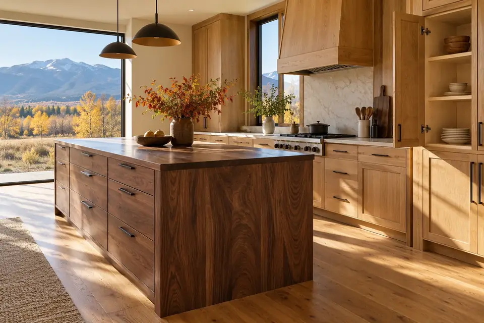 Kitchen with a walnut island, white oak perimeter and maple interiors in autumn light