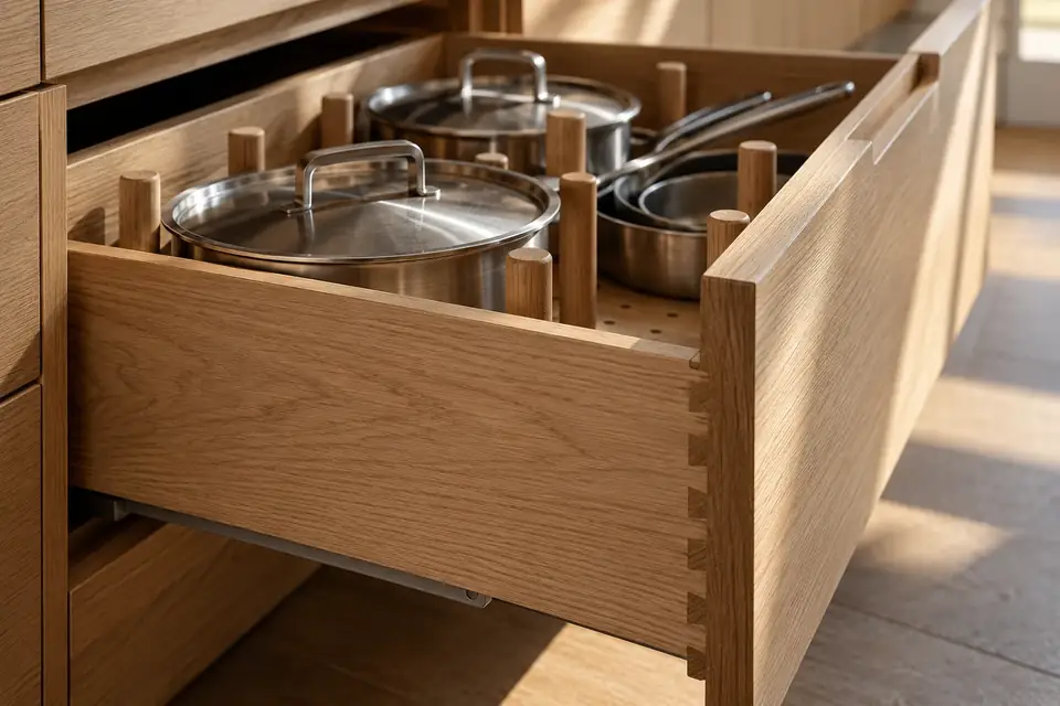 Deep white oak drawer with pots and a dovetailed side on a full-extension runner