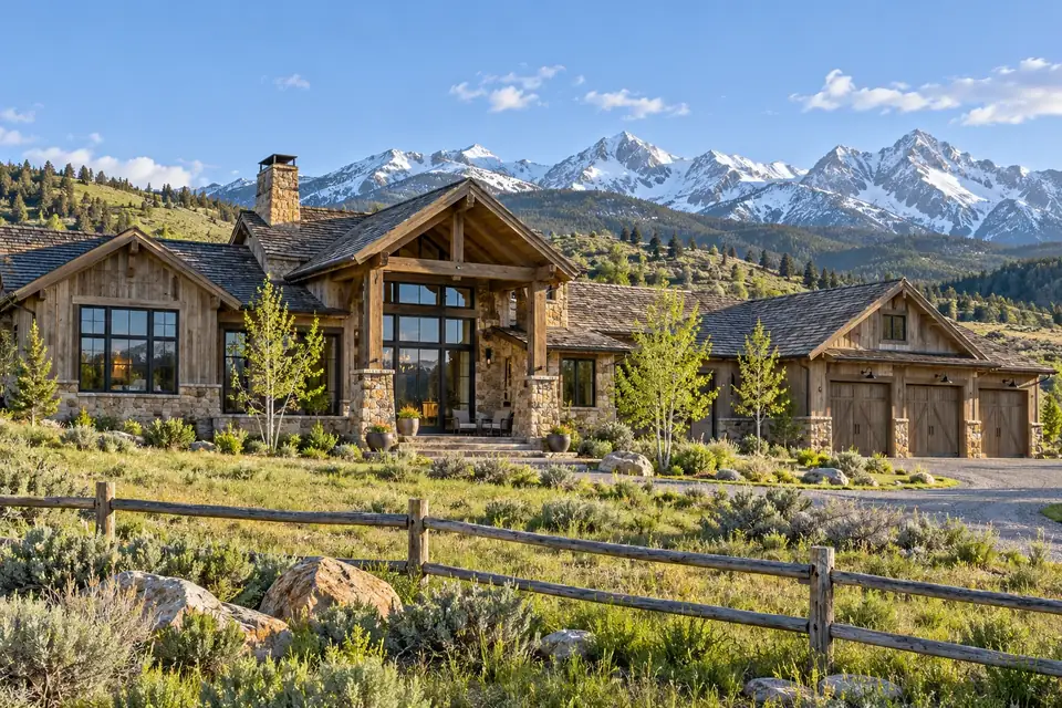 Ranch lodge on grassland foothills rising toward snowy high peaks on a bright spring morning
