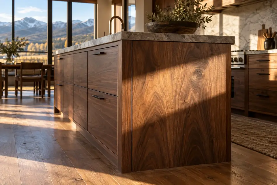Walnut island end panel with a bright rectangle of late sun across the grain
