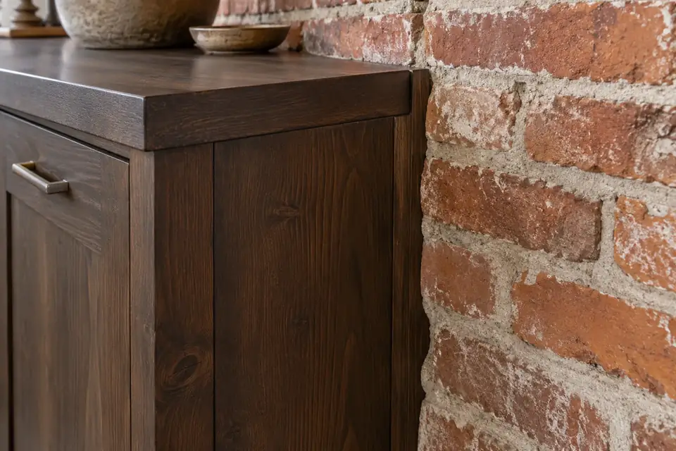 Stained fir cabinet end with a hand-scribed filler following an exposed brick wall