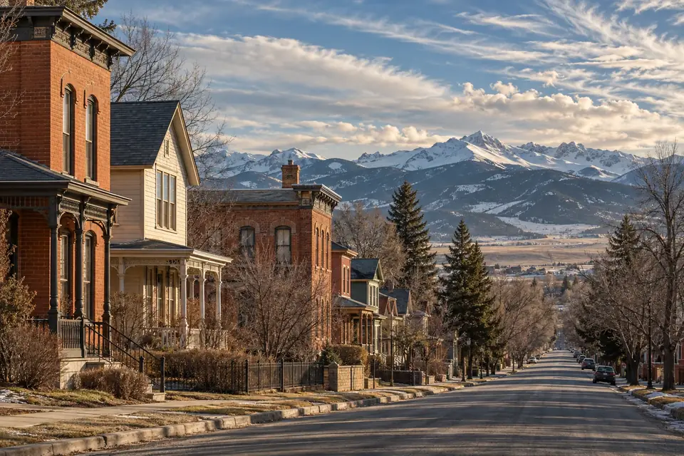 Historic Livingston street with brick and clapboard homes and the Absaroka Range beyond