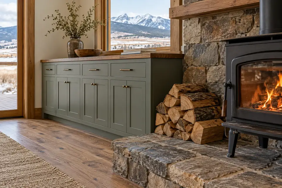 Painted cabinet run set back from a woodstove and stone hearth with split firewood stacked