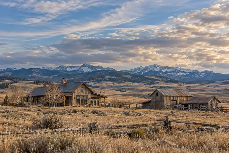 Remote ranch house and weathered outbuildings in open rolling grassland under a huge sky