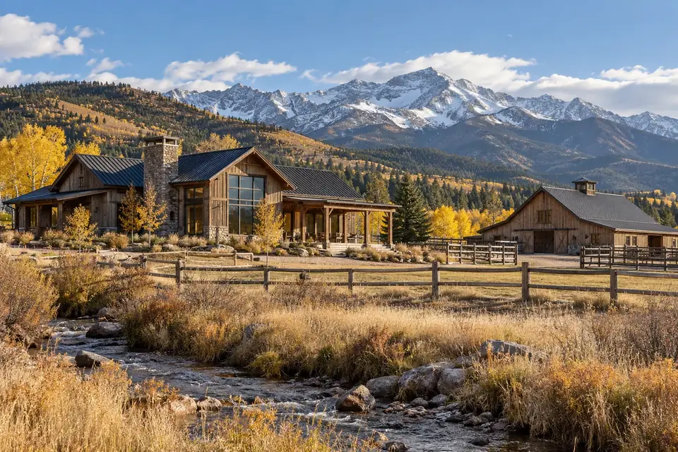 Remote ranch buildings in foothill country with early snow on the ridges in autumn