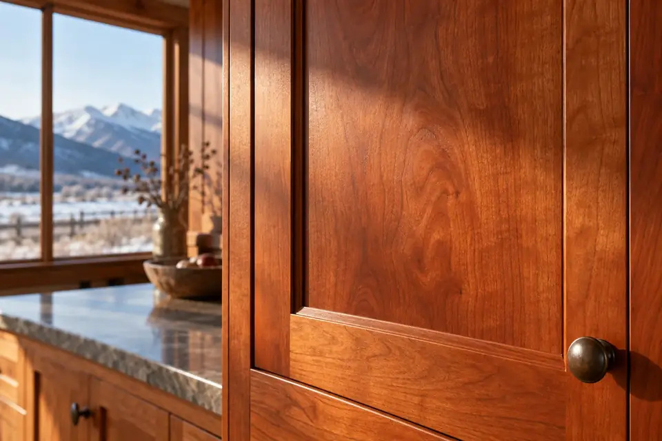 Cherry cabinet door mellowed to warm red with grain shimmering in low winter sun