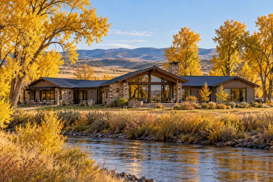 Single-storey ranch home among golden cottonwoods on river bottomland in autumn