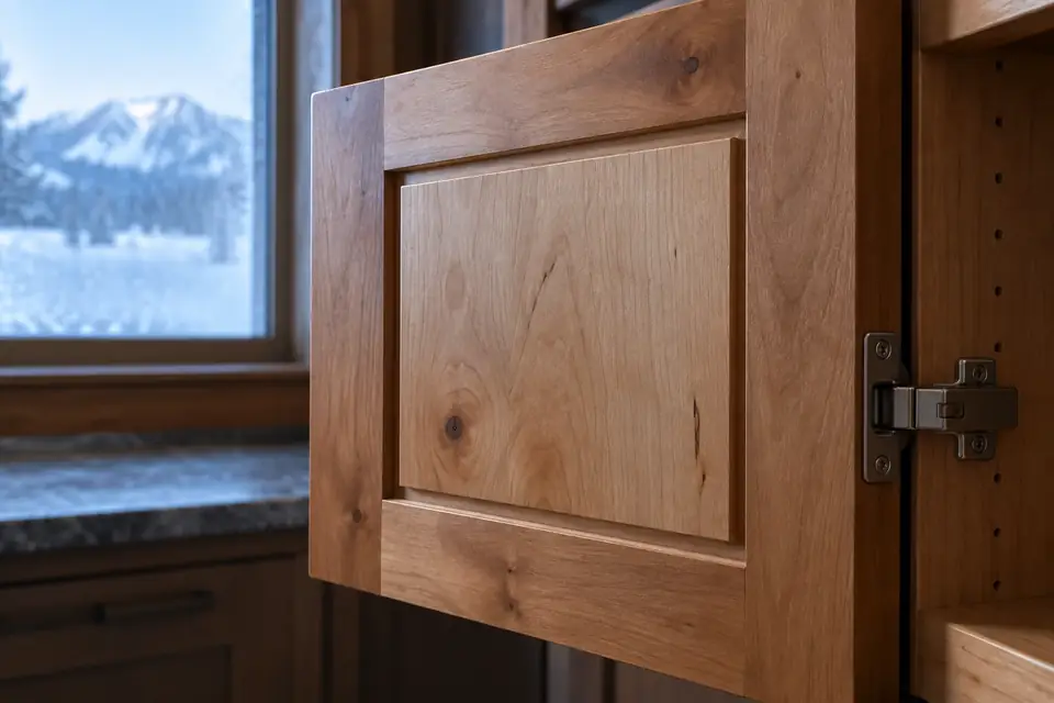 Back of an alder cabinet door showing a floating centre panel in cold window light