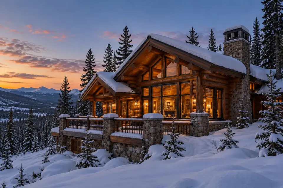 Log-and-timber cabin half buried in snow among lodgepole pines at dusk