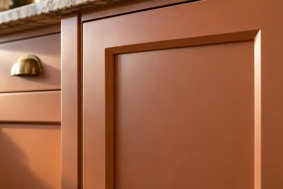 Refinished painted cabinet door in a warm colour with a smooth sprayed finish under raking light