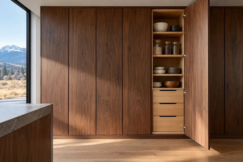Wall of handleless tall walnut flat-panel pantry doors with one open