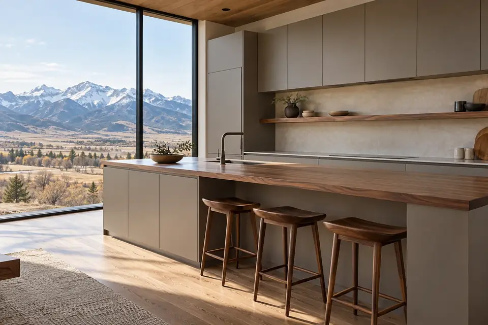 Minimalist kitchen with matte warm grey slab cabinets, walnut shelf and floor-to-ceiling mountain window