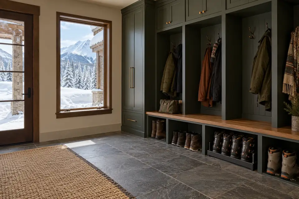 Mudroom with charcoal-green lockers, bench seat, winter coats and ski boots by a snowy window