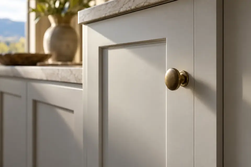 Raking light across a smooth sprayed painted cabinet door and crisp edge