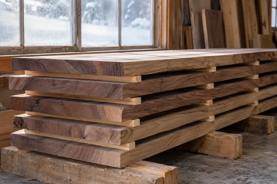 Stacked hardwood lumber acclimating on stickers in a heated shop