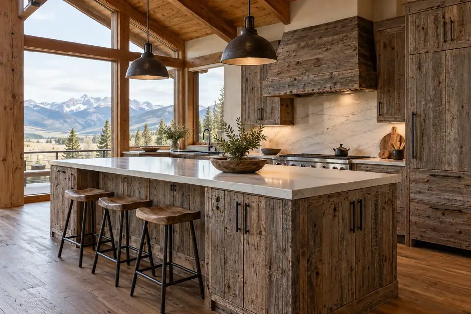 Timber-frame mountain kitchen with reclaimed barn wood cabinets and a quartz-topped island