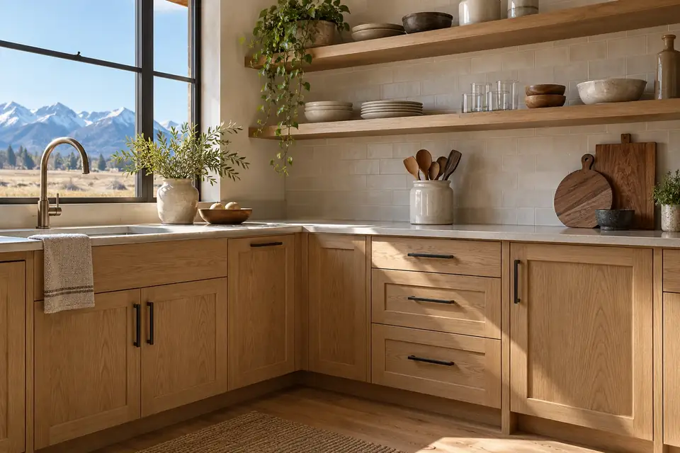Stained white oak shaker kitchen corner with floating shelves and bar pulls