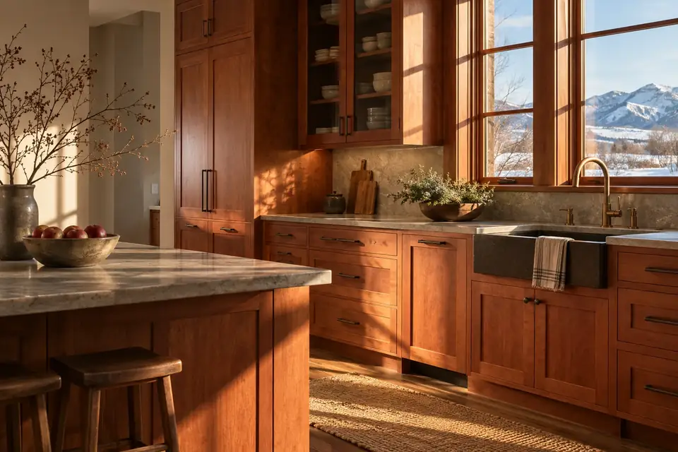 Kitchen with solid cherry face frames and five-piece doors glowing red in low winter sun