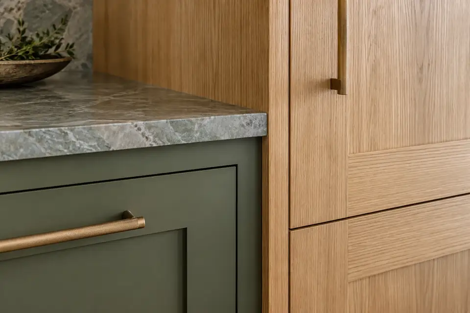 Painted green base cabinet meeting a natural white oak tall panel
